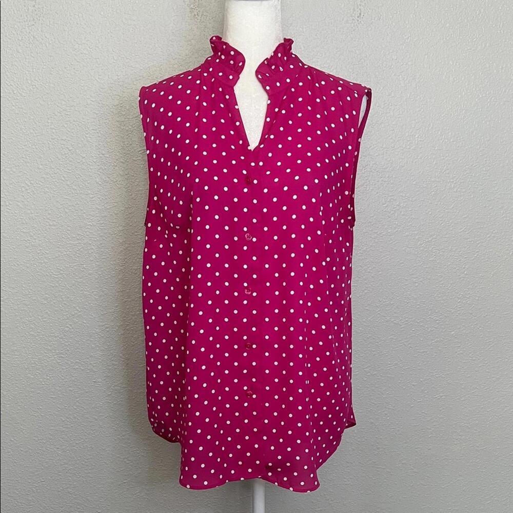 Ann Taylor Ruffle Neck Polka Dot Blouse Pink/White Size Medium
